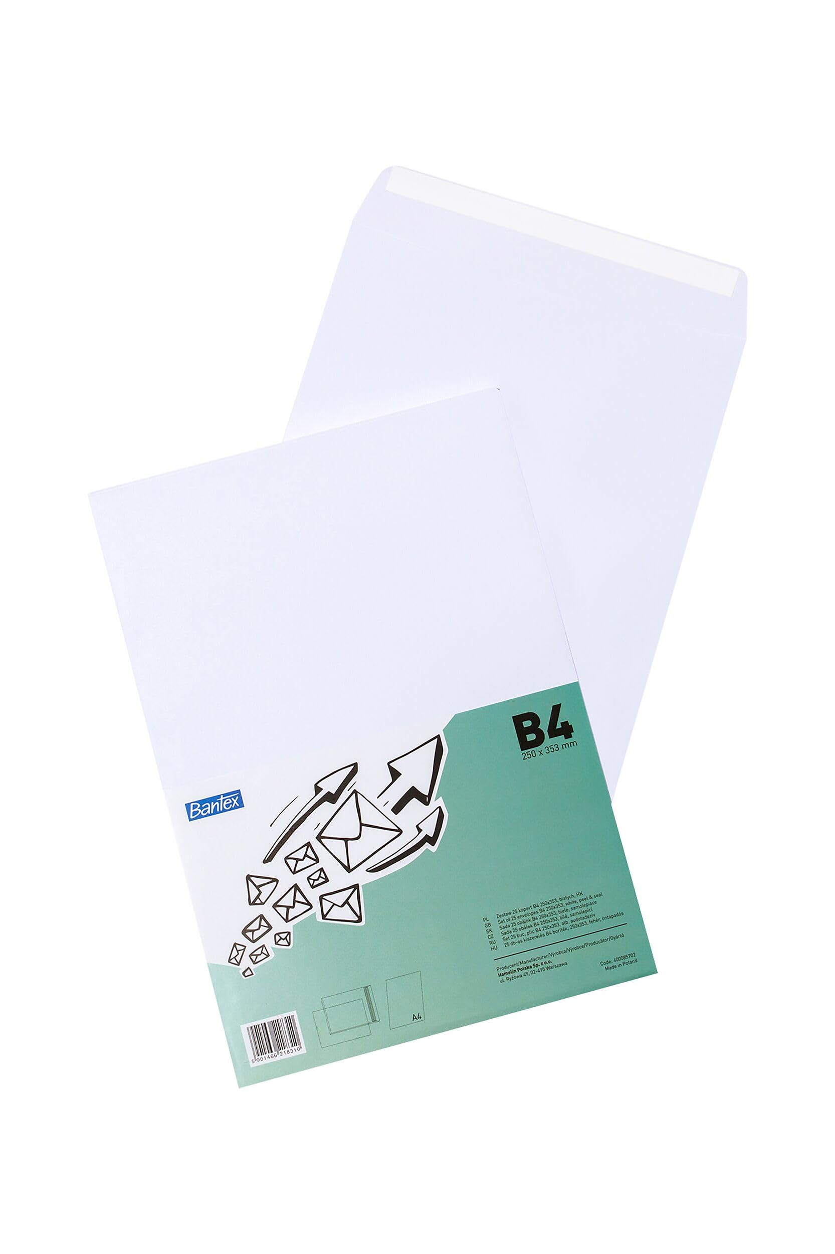 Bantex Envelopes DIN B4 (35.3 x 25 cm) / Envelopes with Peel Off Strips Pack of 25 in Foil Pack (White)