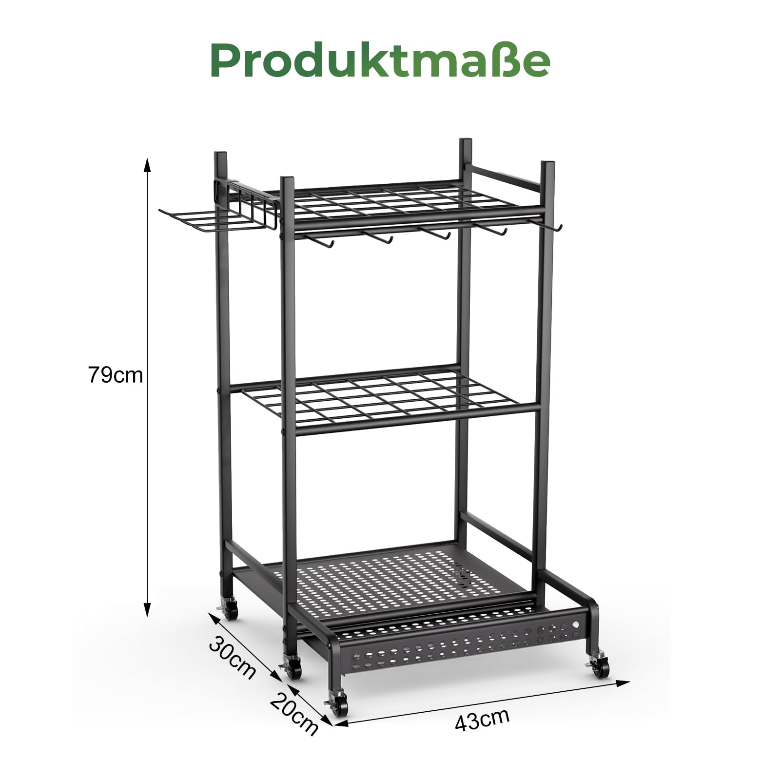 Gartenwerkzeug Organizer mit Rollen, Metall Gartengerätehalter Standregal