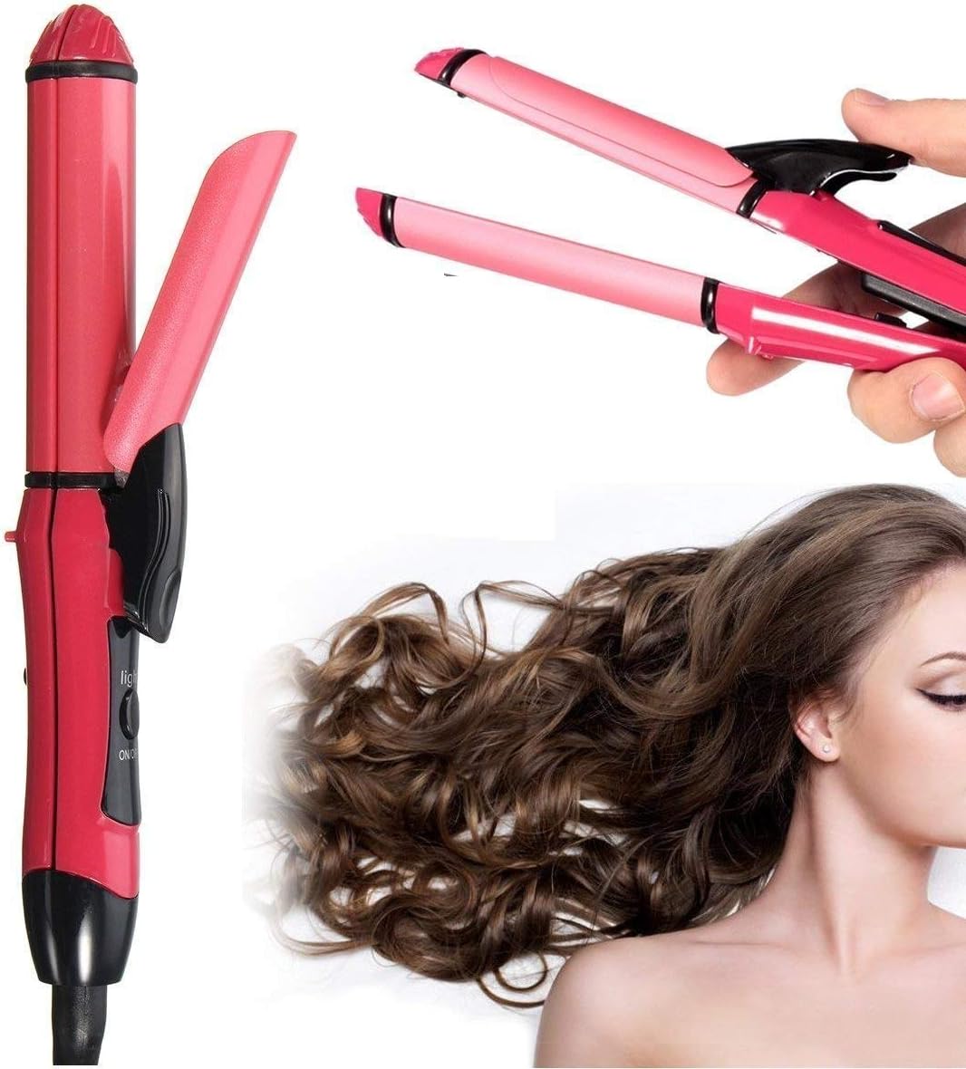 Coinfinitve 2 in 1 Hair Straightener and Curler with Ceramic Plate (Pink)