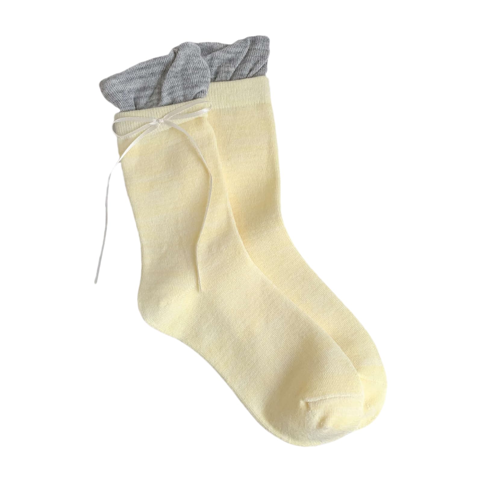 Xjdzineq Aesthetic Sweet Ribbon Bowknot Accent Middle Tube Socks Japanese Contrast Color Ruffle Top Patchwork Calf Ballet Styles