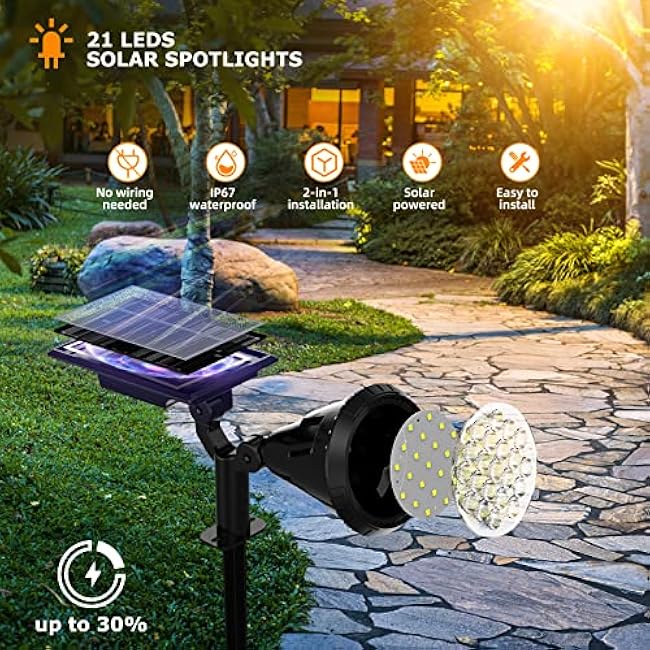 Solar Spot Lights Outdoor, 21 LEDs Solar Landscape Lights Auto On/Off with 3 Modes, IP67 Waterproof Solar Yard Spotlight Wall Lights, 2-in-1 Solar Outdoor Lights for Garden, Pathway, Pool
