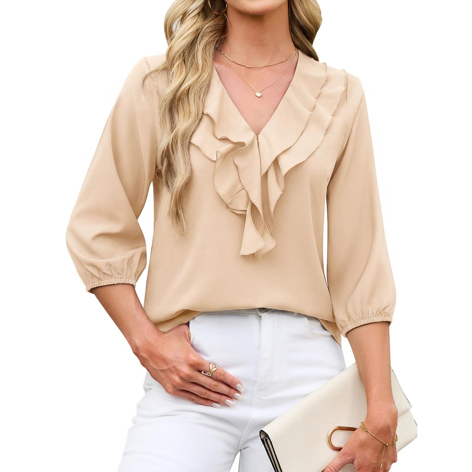 Blusa da donna con scollo a V e volant, maniche a sbuffo 3/4, camicia casual in chiffon