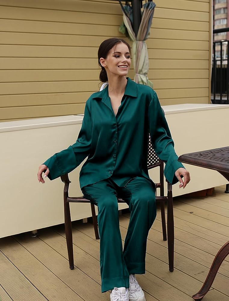 Image of SWOMOG Long Sleeve Pajamas Set Silk Satin Sleepwear Button Down Pjs Loungewear with Pocket