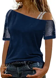 Summer Lace Short Sleeve Women Solid Off Shoulder Tops Sexy Glitter Short Sleeve Shirt Casual Tunics Blouse