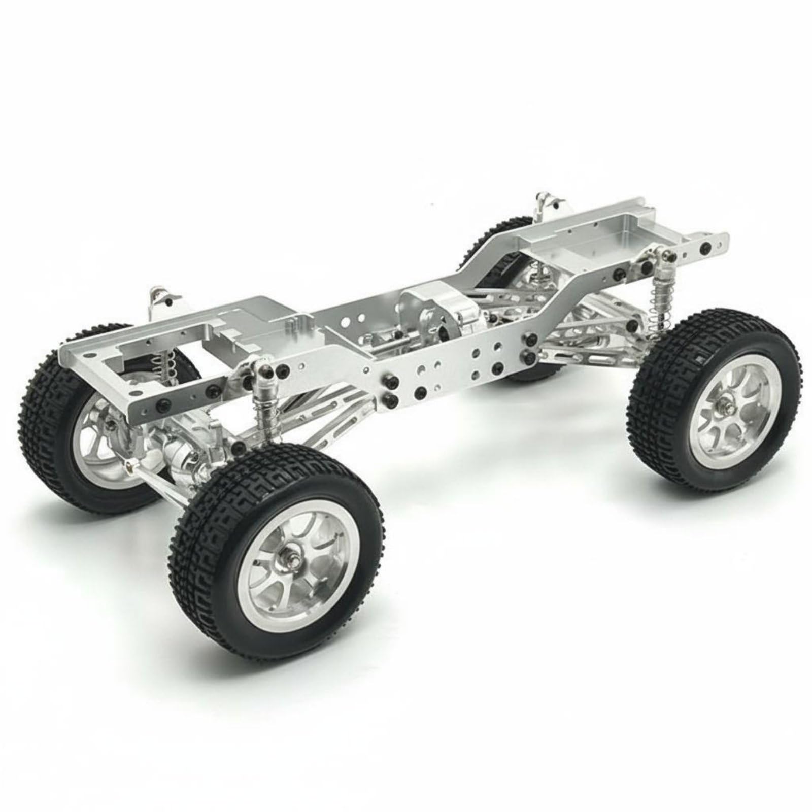 Telaio Elettrico Auto RC Kit Telaio Alluminio Ruote Assemblate Rialzati Ingranaggi Ferro Sospensioni Adatto per Modellismo Appassionato Hobby Personalizzato Percorsi Impegnativi, Argento