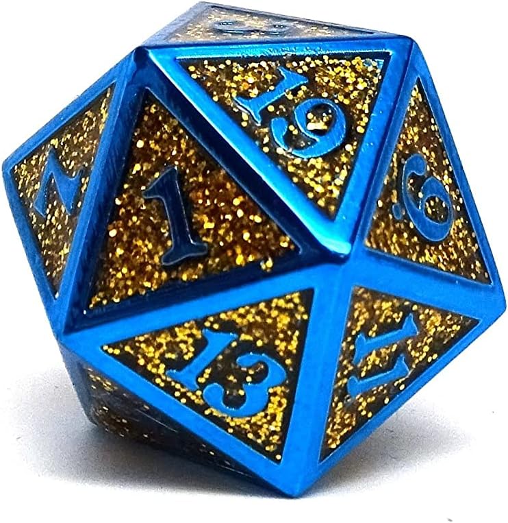 Heroic Dice of Metallic Luster - 7 Piece Metal Polyhedral Dice Collection (Gold with Blue Font)