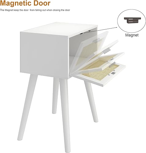 Miniatura 5 de LAATOOREE Juego de 2 mesitas de noche, mesa auxiliar pequeña con puerta de ratán, mesita de noche con pies de madera maciza, mesa auxiliar bohemia