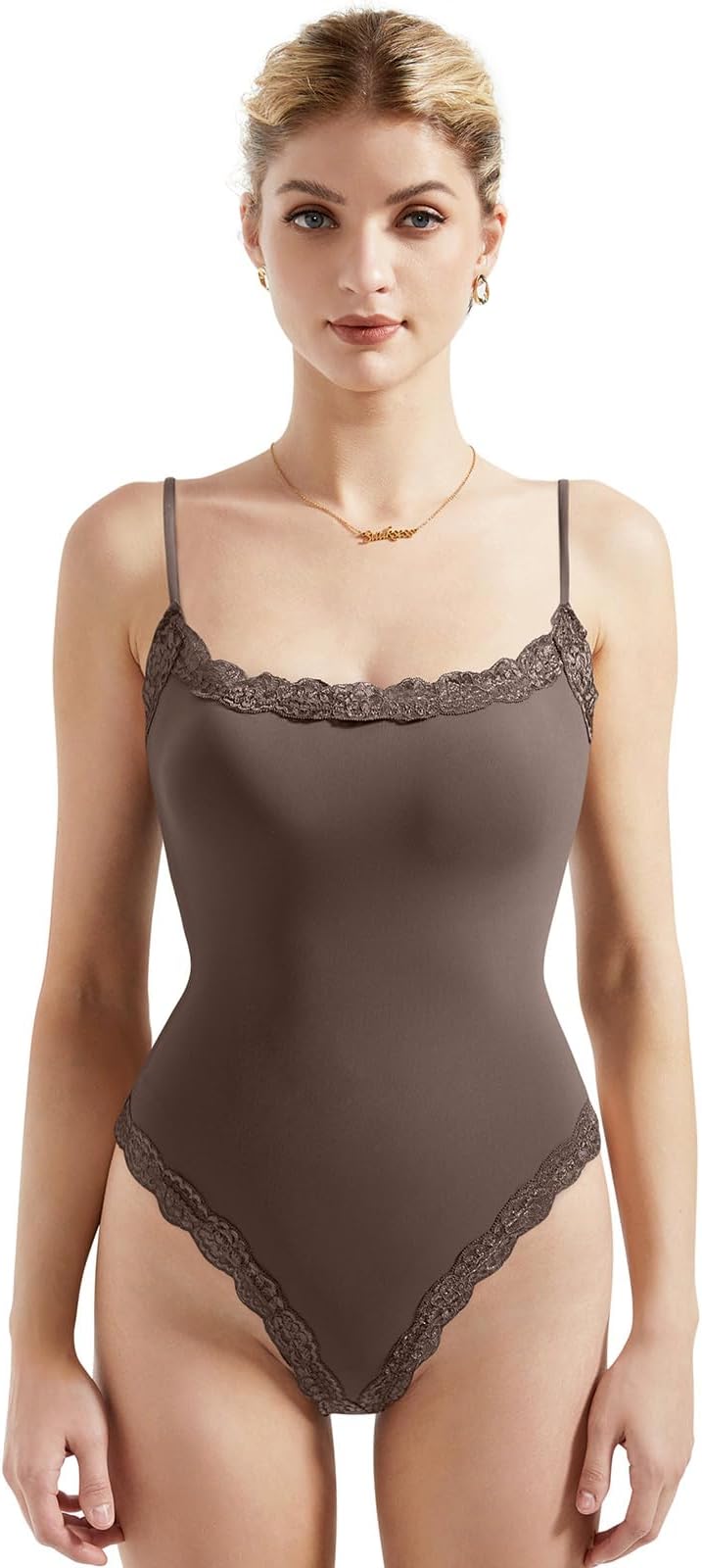 Women Square Neck Lace Bodysuit Sleeveless Spaghetti Strap Tank Top