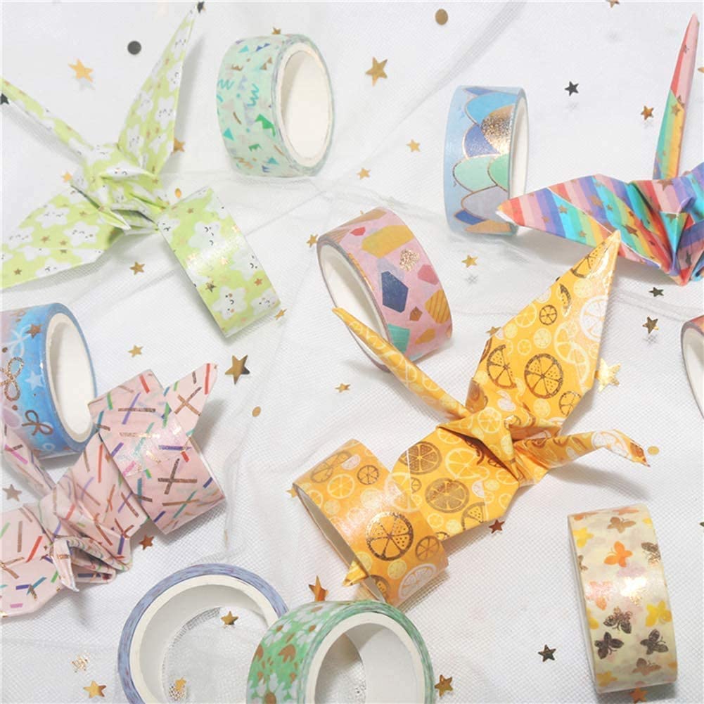 12 rolek taśmy Washi, zestaw taśm maskujących, złotej folii, kwiat, dekoracyjna taśma klejąca, kolorowa, do majsterkowania, rzemiosła, dzienników, planerów, scrapbookingu, opakowań