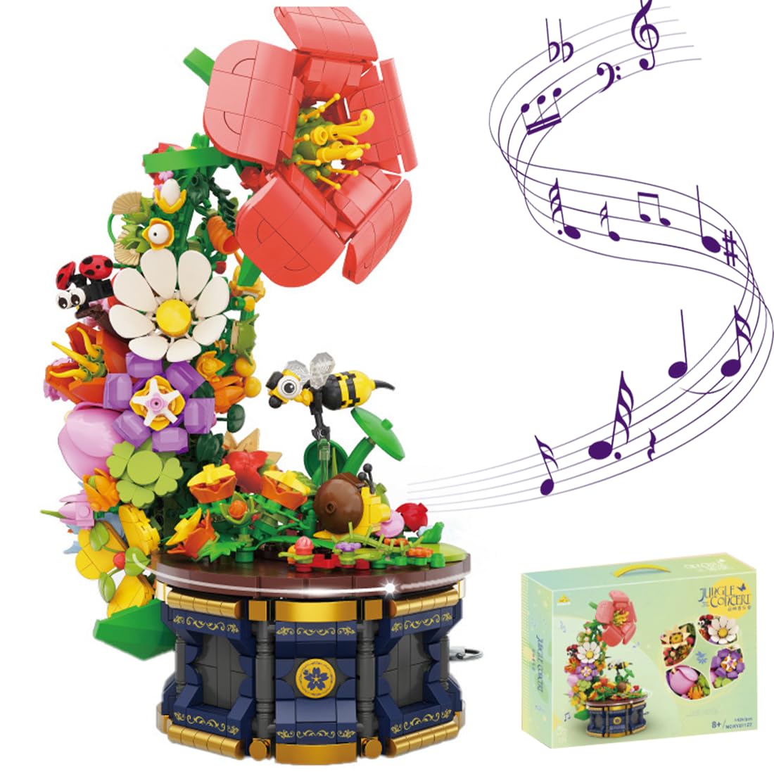 Blumen und Insekt Musikbox Bausteine, 1426 Klemmbausteine Street View Architektur Modellbausatz, Technik Spieluhr des Dschungel Bauset Home Office Decor Geschenke für Jungen Erwachsene
