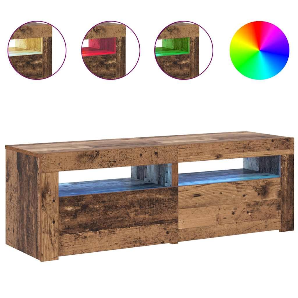 Szafka RTV pod TV z oświetleniem LED RGB, stare drewno, 120x35x40 cm, mebel z przestrzenią do przechowywania, półka dekoracyjna, idealna do salonu i sypialni, łatwy montaż, trwała płyta meblowa