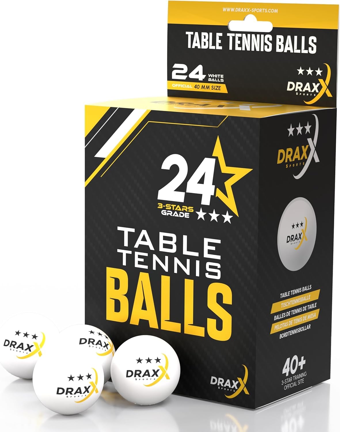 DRAXX Sports Ping Pong Balls, 3-Star Grade, 40+ Size, White Table Tennis Balls, Premium ABS Construction, Indoor & Outdoor, Competition & Leisure, Tournament Quality (24x PACK)