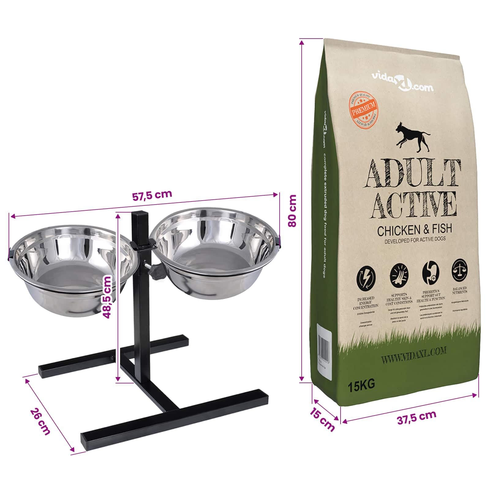 Comedero ajustable con 2 cuencos de acero inoxidable, comedero con 15 kg de comida para perros, marco de acero con recubrimiento en polvo, resistente a los arañazos para perros, gatos