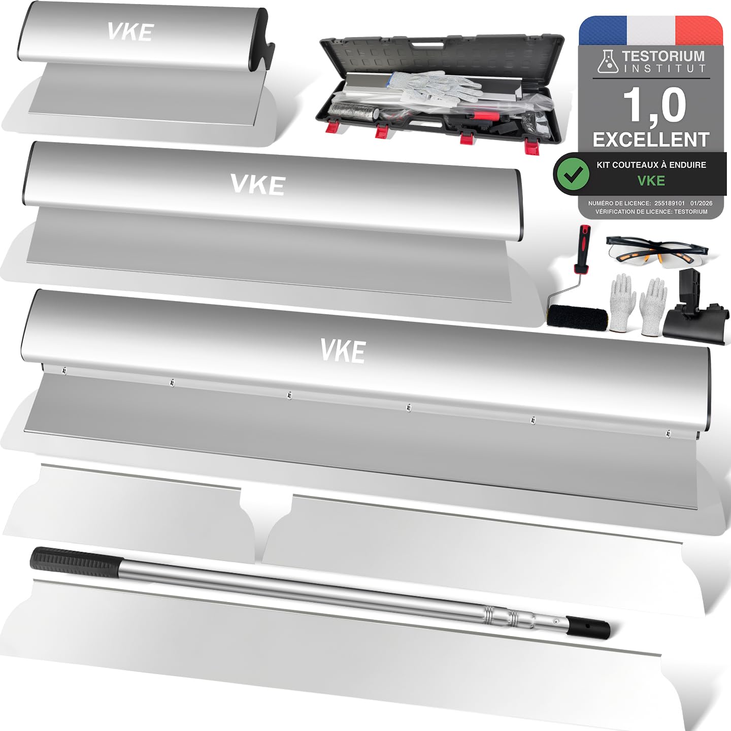 VKE Set Couteau a Enduiret 30/50/80cm avec Lame Interchangeable et Mallette | Poignée en Alliage d'Aluminium avec Perche Télescopique 2,1 m et Brosse à rouleau pour le Crépissage des Murs et Des plafonds