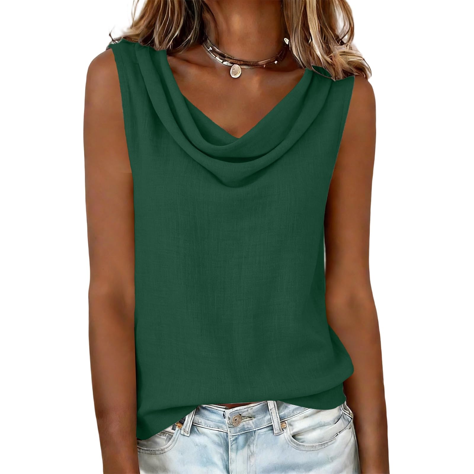Débardeurs Femme en Lin Debardeur Coton Femme Col Drape Chic et ÉLégant Chemise et Blouses Mode Vetement Funky Haut Décontracté sans Manches Soirée Business Top