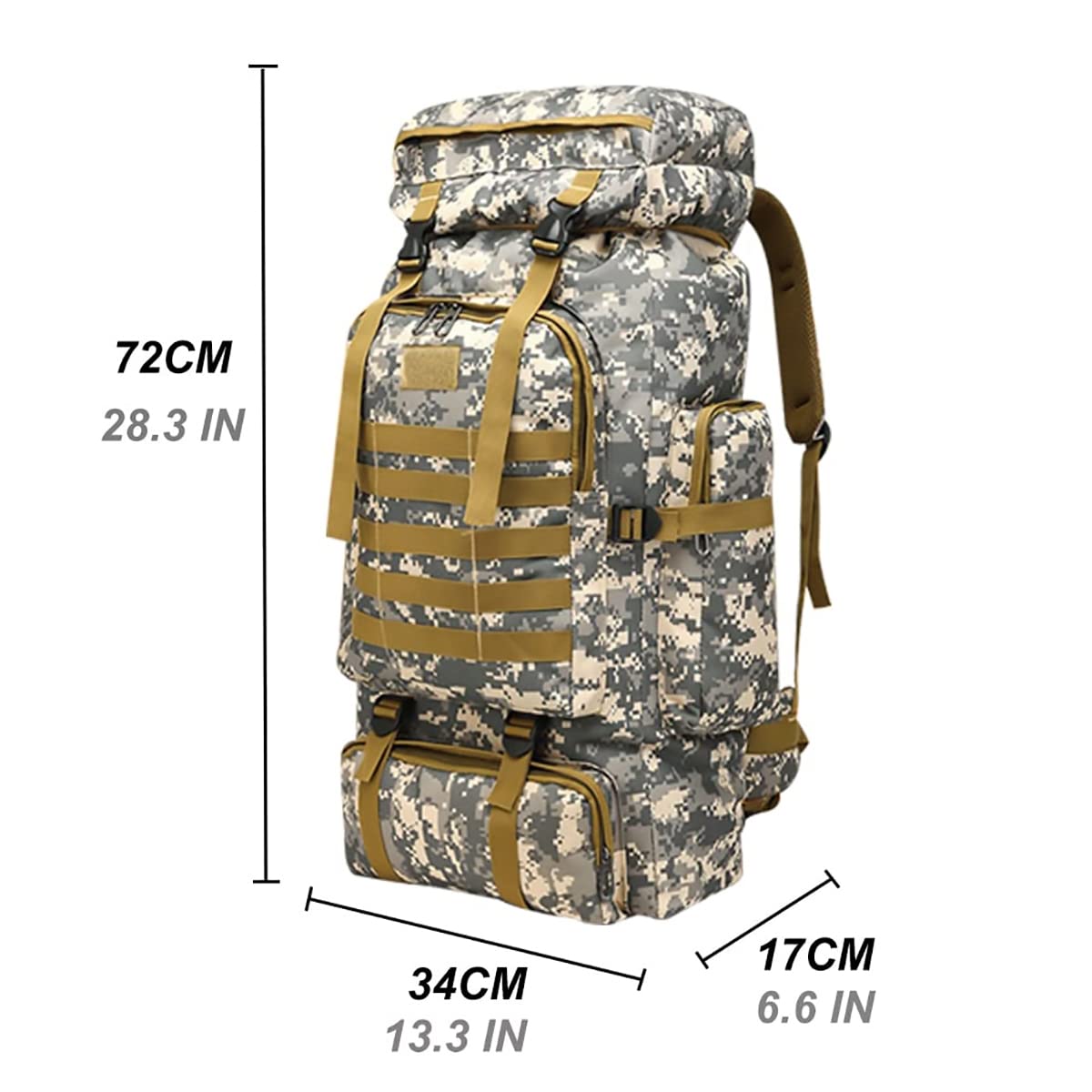 Taktyczny plecak turystyczny 80 l, lekki, oddychający plecak z wielofunkcyjnym systemem zawieszania do trekkingu na świeżym powietrzu, wspinaczki, jazdy na nartach i kempingu, Miejski kamuflaż