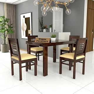 Solid Sheesham Wood 4 Seater Dining Table Set with Cushioned Chairs for Dining Room | Living Room | Home & Office | Hotels Restaurant & Cafe (4 Seater, Walnut Finish)