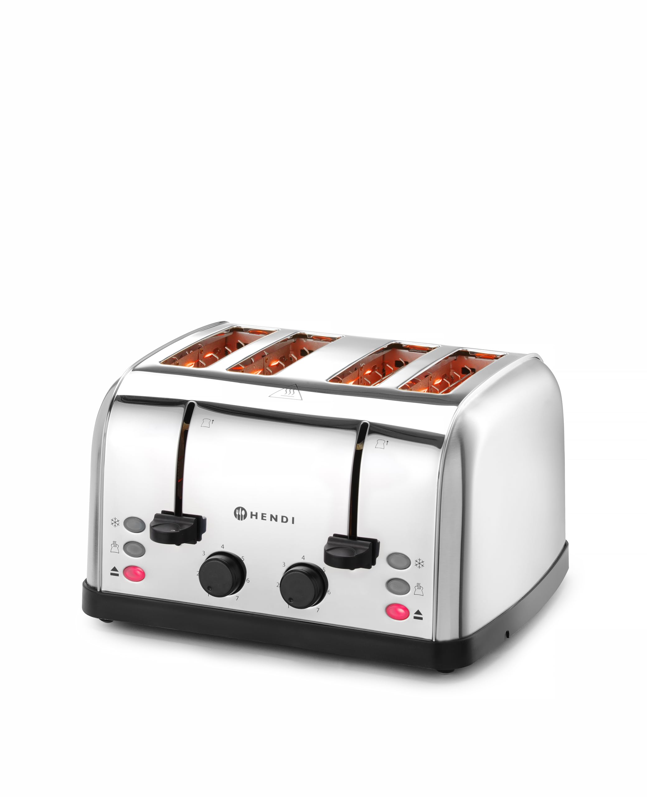 HENDI Tostapane, 4 scanalature extra larghe, 2 zone di riscaldamento, 7 livelli di doratura, 3 funzioni: toast, scongelamento e riscaldamento, 240V, 1500W, 295x335x(H)180mm, acciaio inox