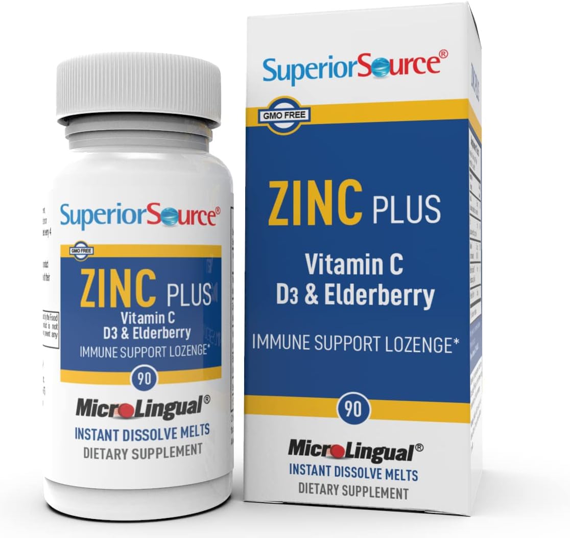 Superior SourceZinc Plus - Immune System Health Support Supplement - Vitamin C, Elderberry & Vitamin D3-90 Instant Dissolve Tablets