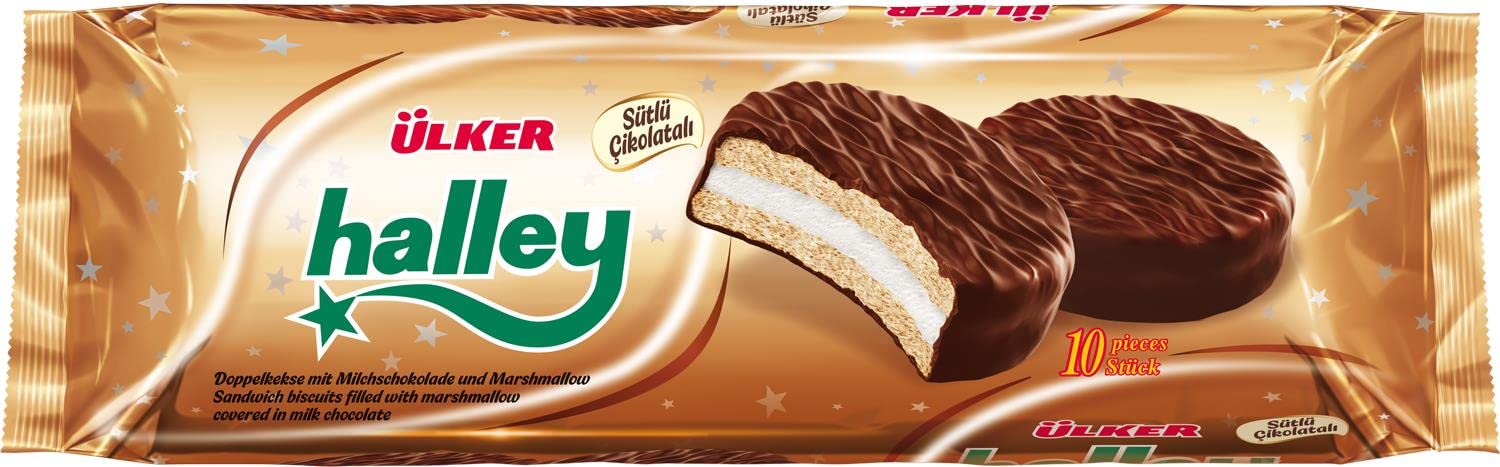 Ülker Halley Galletas Rellenas de Malvavisco Cubiertas de Chocolate con Leche - Ideal como Pastas de Té y Merienda Niños - Snacks Dulces Fáciles de Llevar en la Bolsa de Merienda – Pack de 10 x 30 g