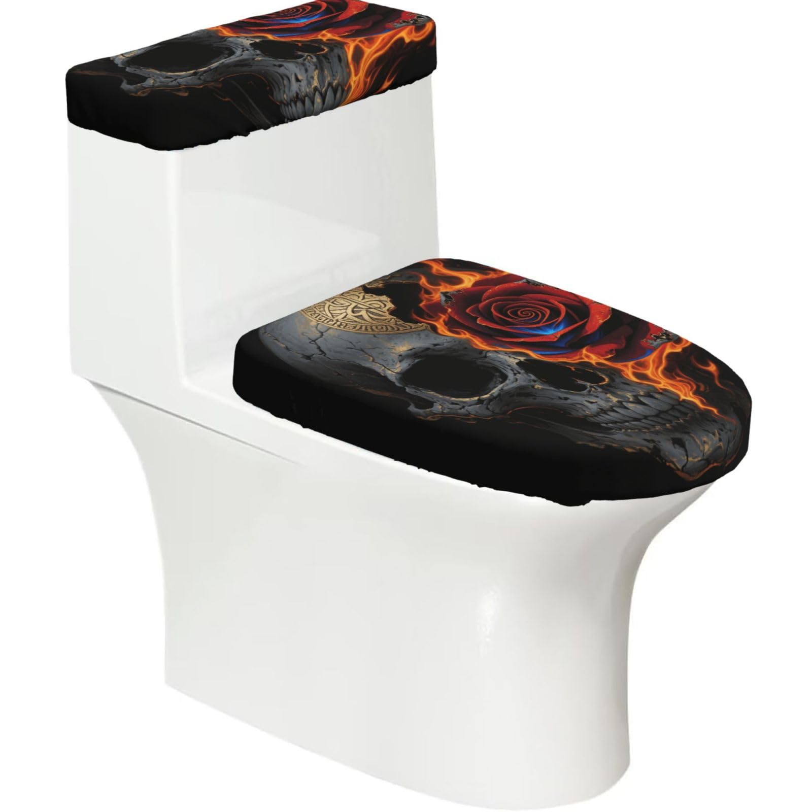 FekiLoot Gothic Skull and Black Rose Toilet Lid Cover and Toilet Tank Cover Set of 2,Dust Splash Resistant Toilet Top Covers Soft Washable Toilet Lid Seat Cover for Bathroom Office Home Decor