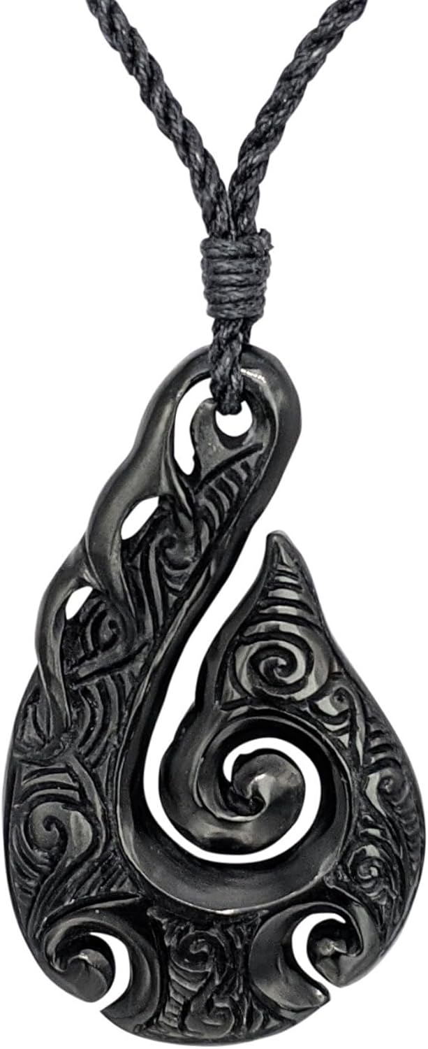 81stgeneration Hand-Carved Horn Large Engraved HEI Matau Pendant - Men's Surfer Accessory - Handmade Maori Fish Hook Necklace - Tribal Ocean Wave Amulet - Natural Koru Spiral Jewelry for Women