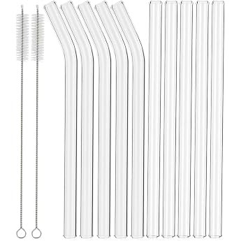 12 Reusable Borosilicate Glass Straws and Brushes 7 x 8mm Including 5 Straight Tubes 5 Curved and 2 Straws for Juices Coffee and Cocktails