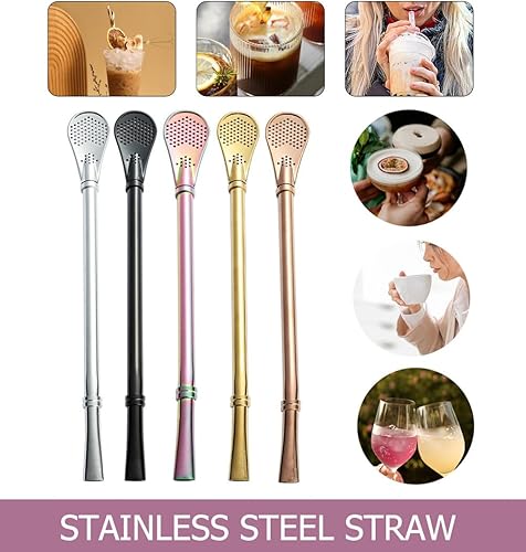 Miniatura 2 de AKOAK 5 popotes de acero inoxidable, reutilizables, adecuados para bebidas, té con leche, café, té, filtro de agitación, cuchara coladora