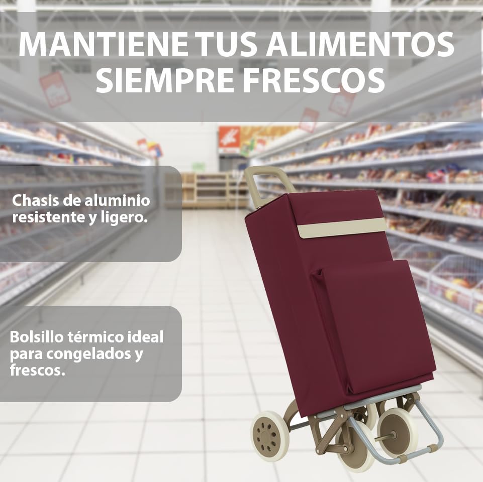WEIDA Carro de la Compra 4 Ruedas | Bolsillo Exterior Térmico, Mango Ergonómico y Bolsa Impermeable Ideal para Congelados | Chasis con Apoyo Delantero y Base Abatible (1, Rojo Granate)