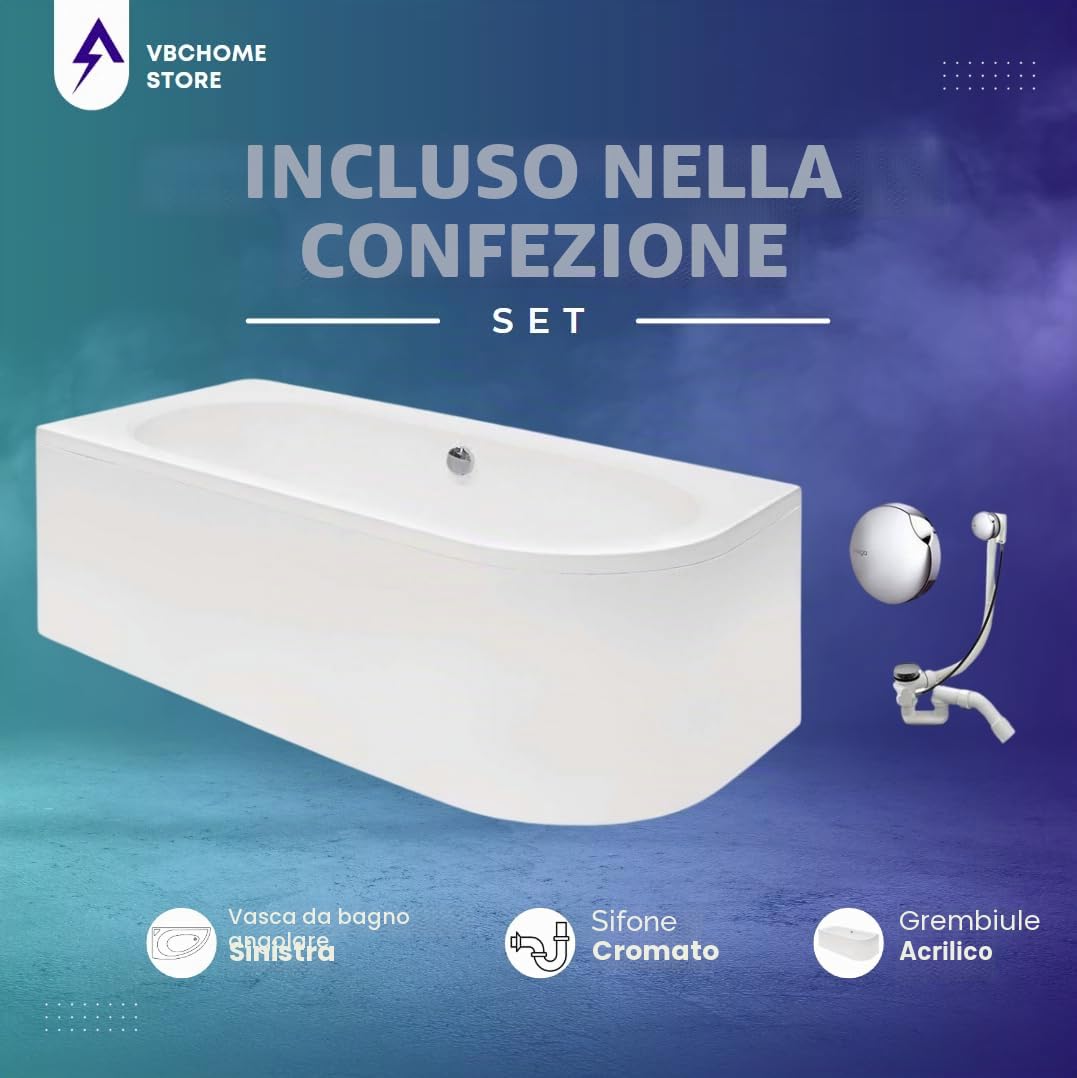 VBChome Vasca da bagno 170 x 75 cm, in acrilico, set sifone, vasca ad angolo, colore bianco, design moderno, scarico per 2 persone a sinistra (vasca 170 x 75 sinistra + grembiule +