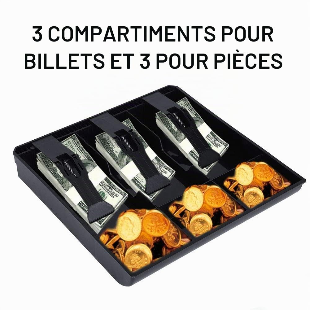 Tiroir Caisse, 24,5x24,5x3,5cm Caisse Monnaie, Plateau de Caisse Enregistreuse, Rangement billet de banque caisse, 6 grilles avec 3 billets et 3 pièces, pour POS Restaurant Supermarché(NOIR)