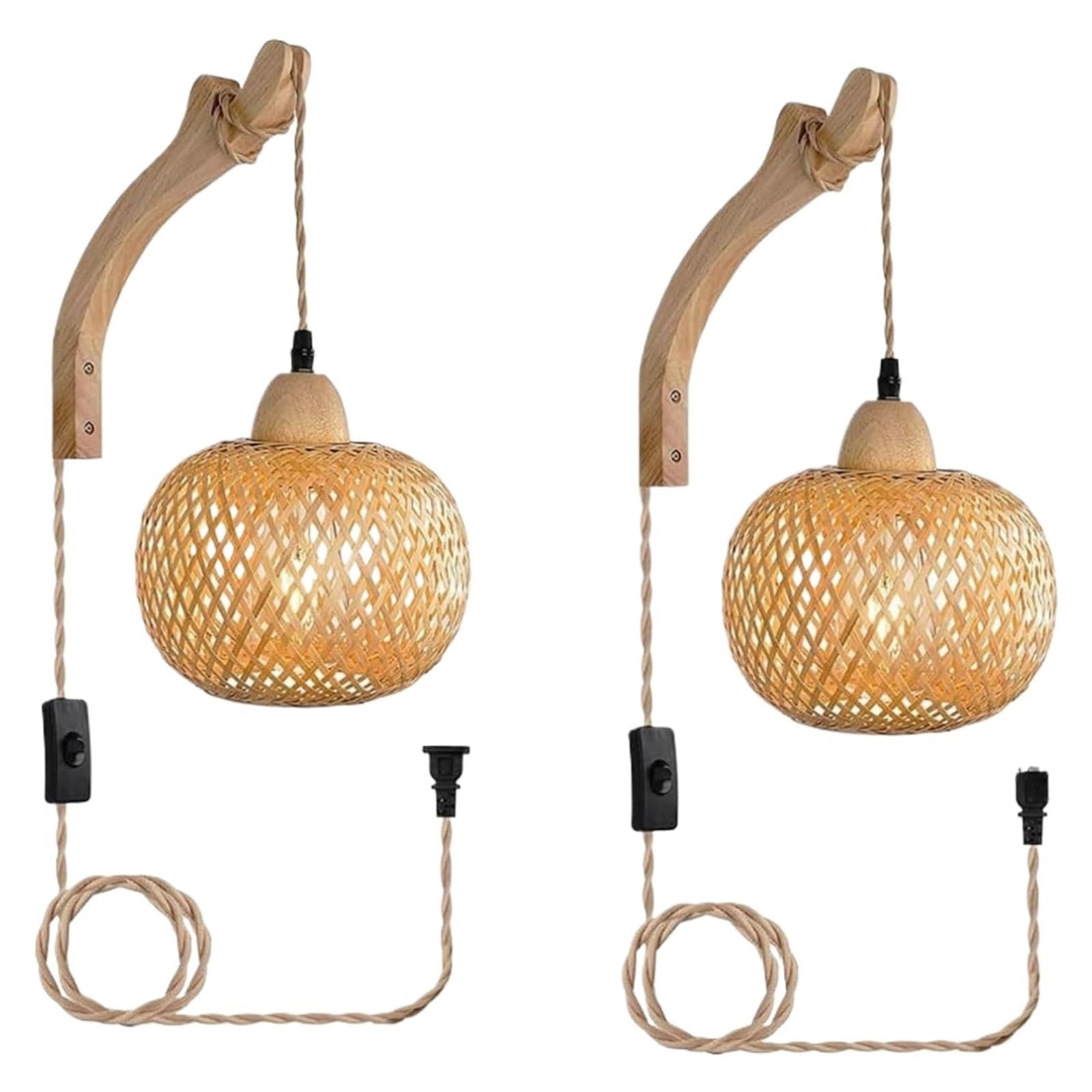 KOESRXNQW Indoor Wall Sconce Rattan Cord and Switch Lamp Rustic Bamboo Lampshade E27 Fixtures Light Modern Simple Wood Flexible Adjustment