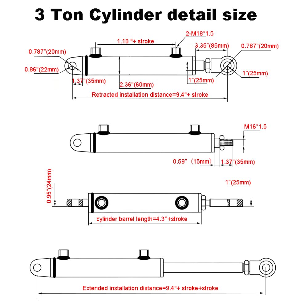 Cilindro hidráulico de 2 x 6, cilindro hidráulico soldado de doble acción de 3 toneladas, orificio de 5 cm x 15 cm, con conectores hidráulicos JIC de 37° (rosca de 9/40.6 cm-18), fuerza de