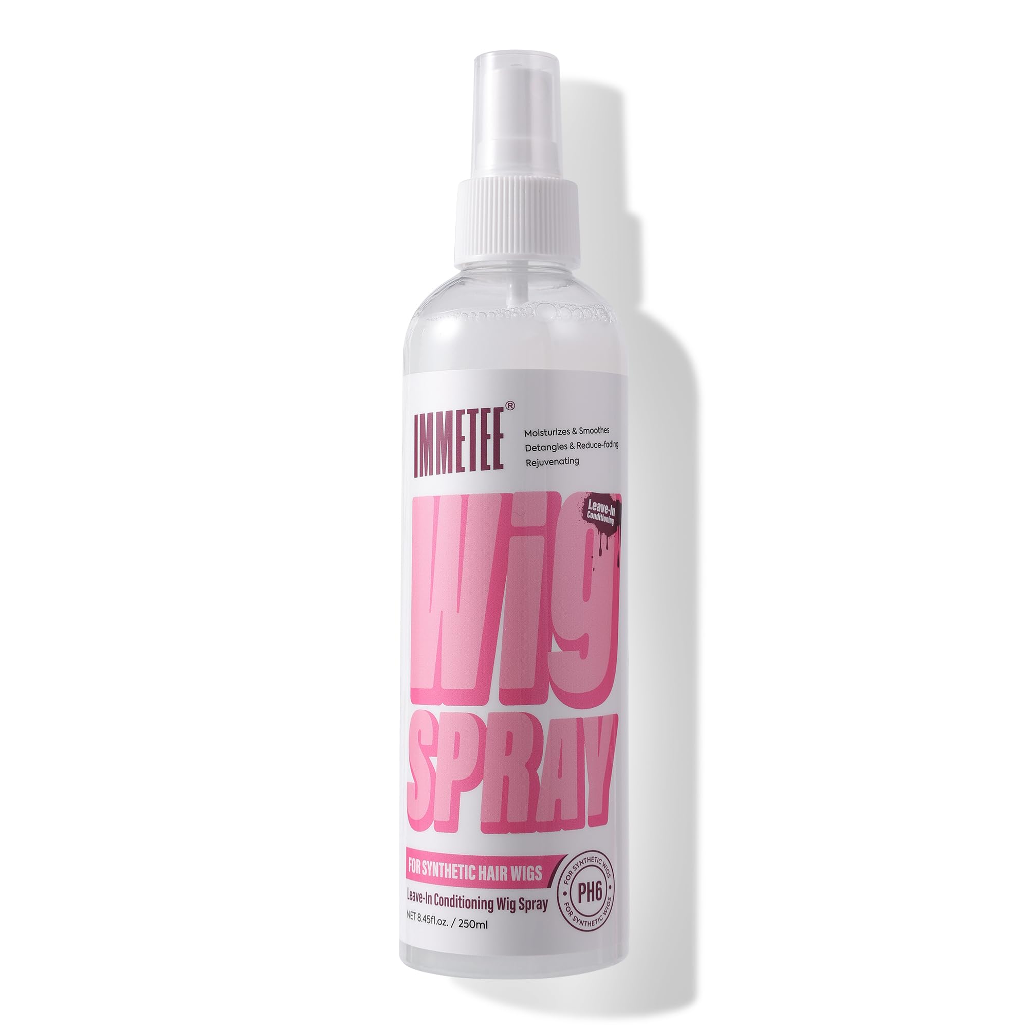 immetee Spray démêlant sans rinçage pour perruques en cheveux naturels et synthétiques, spray démêlant et facilite le coiffage, apporte brillance et fraîcheur (250ml, PH6 For Synthetic Wig)