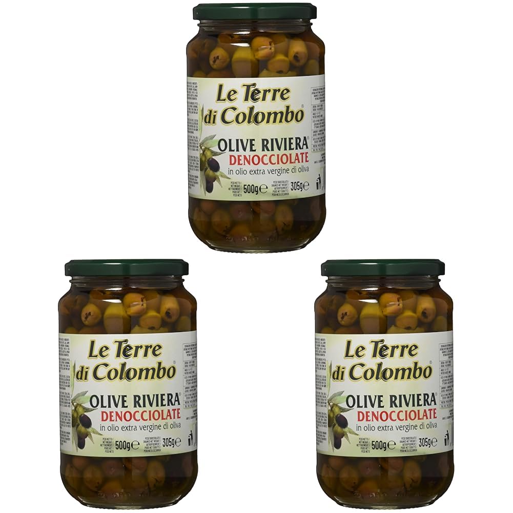 Le Terre di Colombo – Entsteinte Riviera-Oliven im Nativen Olivenöl Extra (36%), 500 g (Packung mit 3)