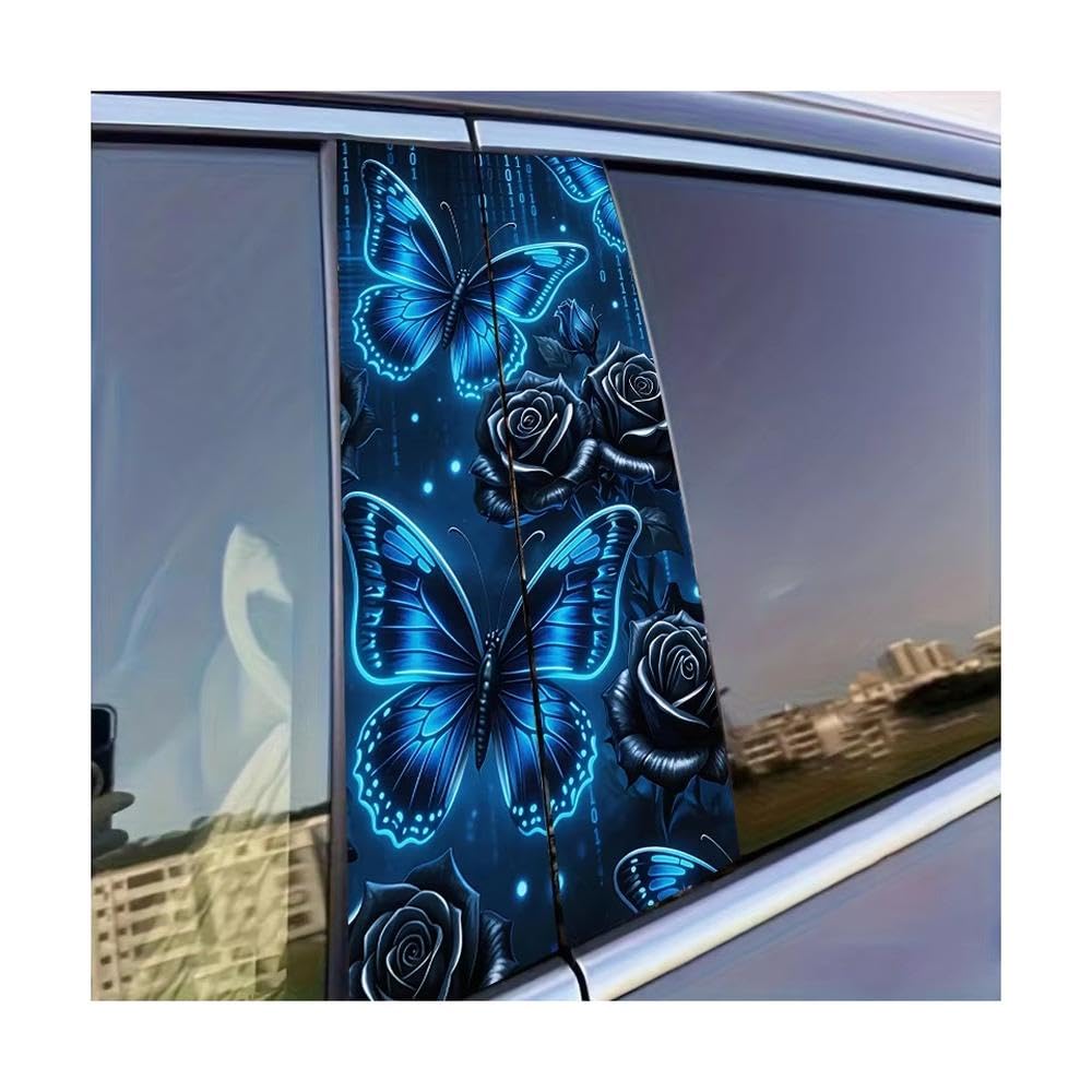 Bertdcx One Color Car B Pillar Waterproof Center Column Blue Neon Butterflies Black Roses Auto Parts