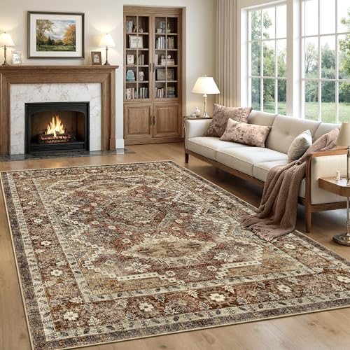 Rugland 9x12 Area Rug - Stain Resistant Washable Rug, Anti Slip Backing Rugs for Living Room, Vintage Tribal Area Rugs (TPR07-Rust, 9'x12')