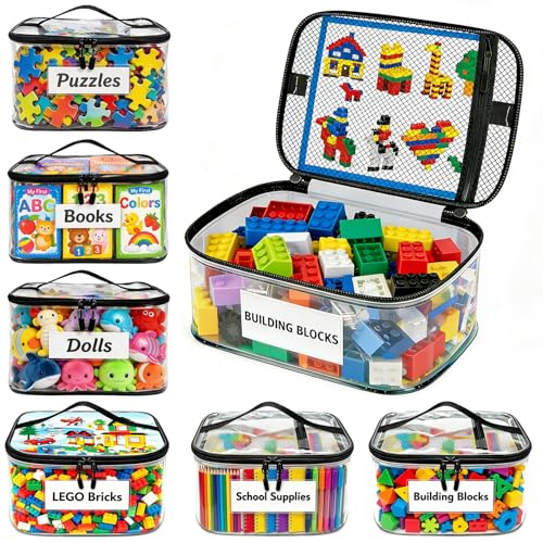 6 Pack Large Clear Toy Storage Bag with Name Tag, Waterproof PVC Toy Organizer Bags with Zipper & Manual Pocket, Toy Storage Organizer for Lego Bricks, Building Blocks, Board Games, Puzzles, Kid Books by Blissleaf - Used condition - US$23.47