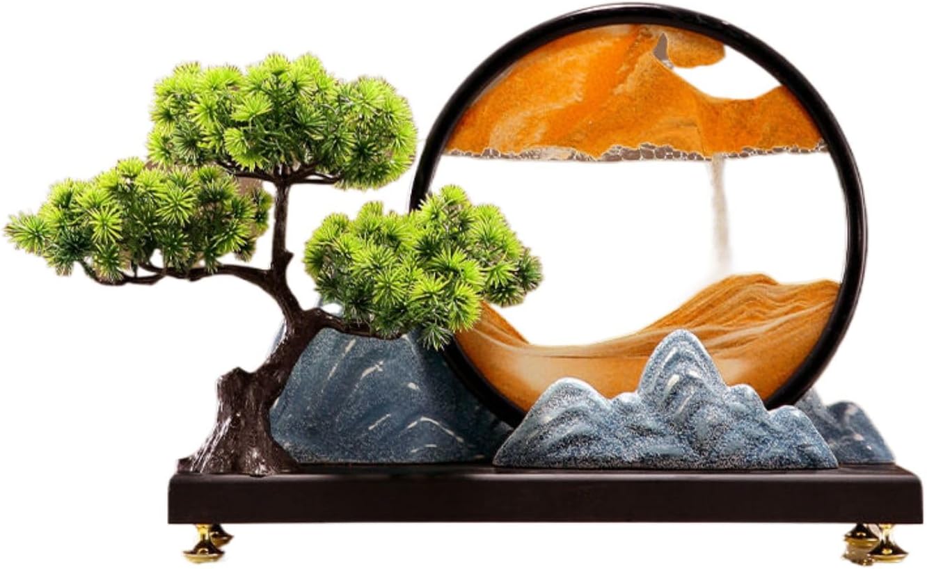 创意新中式流沙画摆件 Feng Shui Home Office Decor Chinese Gifts 迎客松假山工艺品水墨江山酒柜玄关客厅 7960