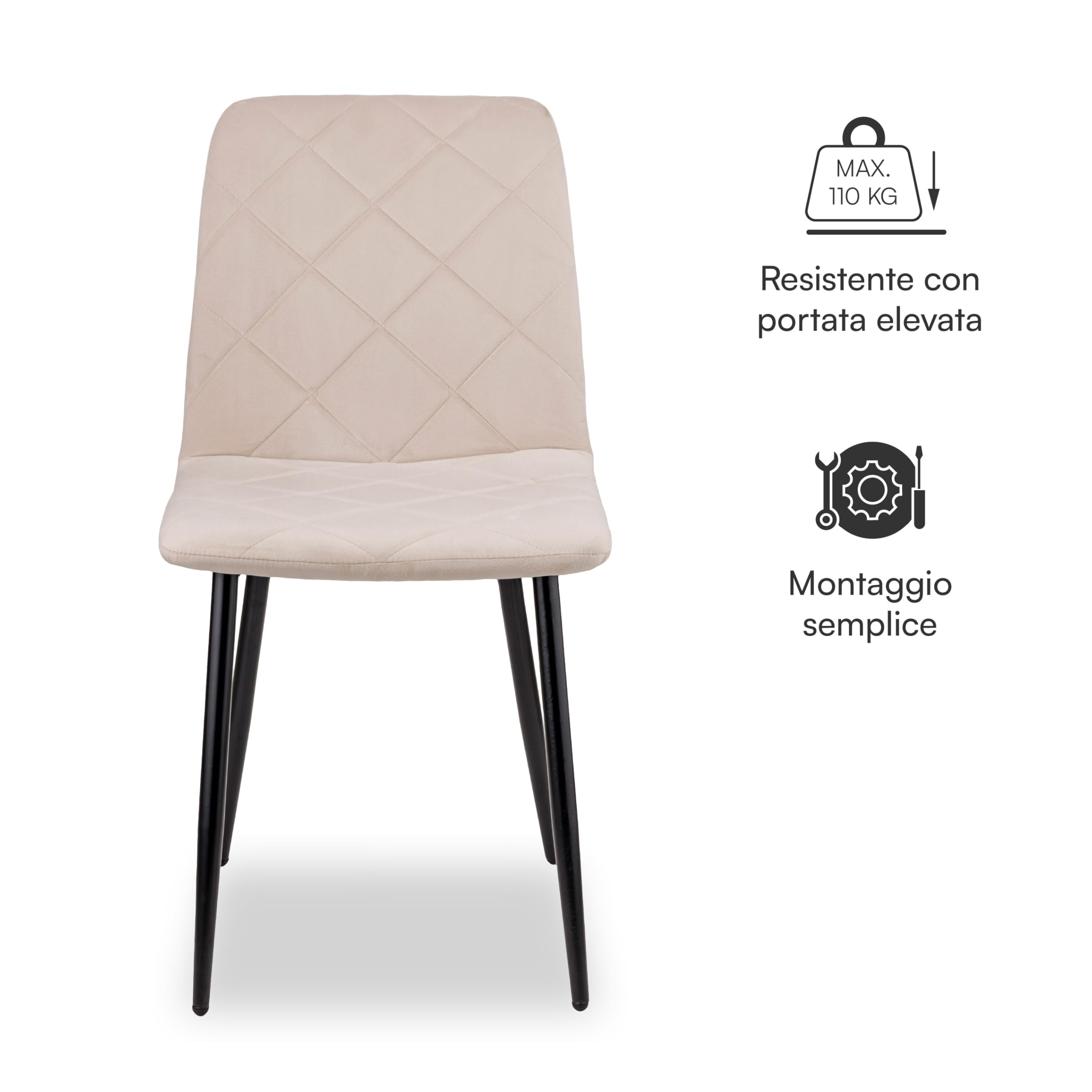 Baroni Home Set di 4 Sedie Moderne con Rivestimento in Velluto e Gambe in Ferro Nero, Poltrona da Soggiorno, Camera da Letto, Sala da Pranzo, Beige, 52x44x85 cm