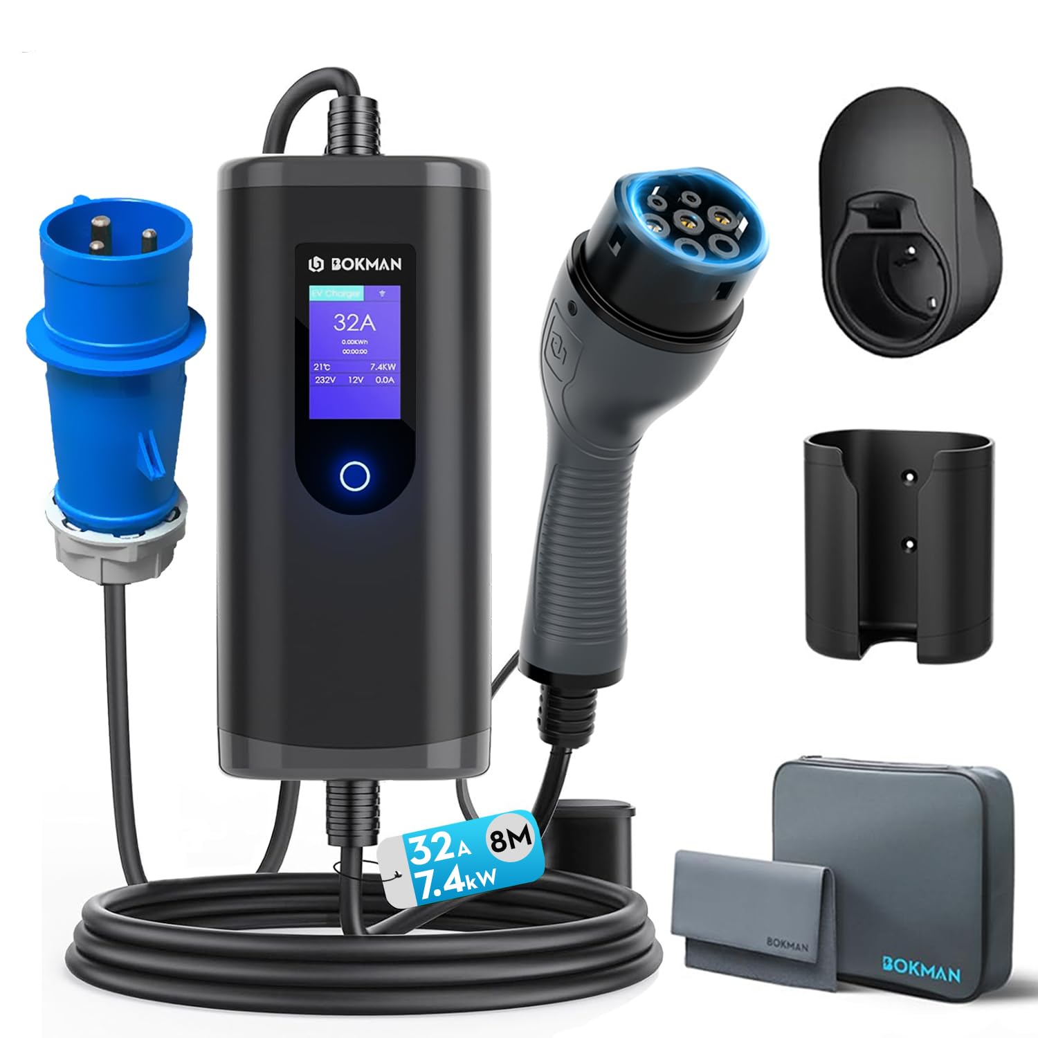 Bokman EV Charger 7kW Type 2 to CEE Plug, 8 Meters | 1 Phase | 6A-32A | IP65 Waterproof Electric Car Charging Cable with LED Display and Commando Plug
