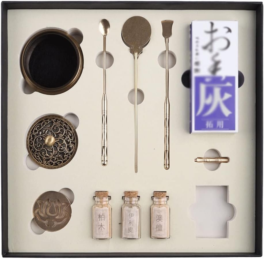 Brass Incense Tools Set Includes Incense Burner Lotus Fragrant Seal Spoon Press Shovel Incense Ash Bottle Matches (Color : A Size : Suit) (A Suit)