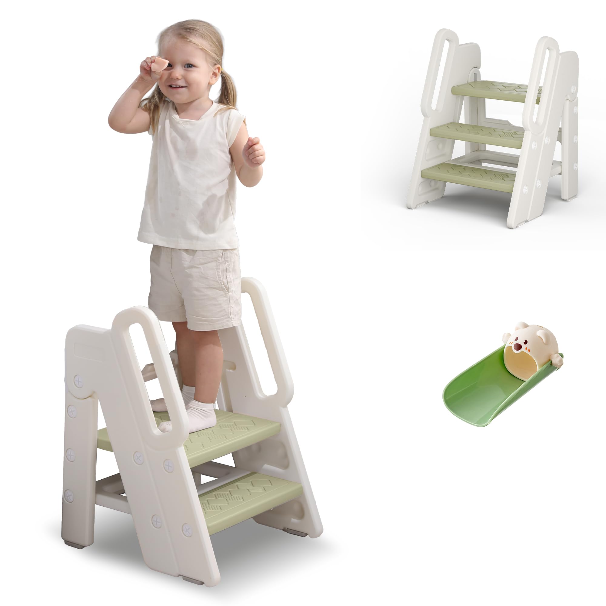 Taburete Plegable Niños, Escalera Plegable de 3 Pasos, Altura Regulable, Antideslizante, Torre de Aprendizaje Montessori Ajustable, Verde