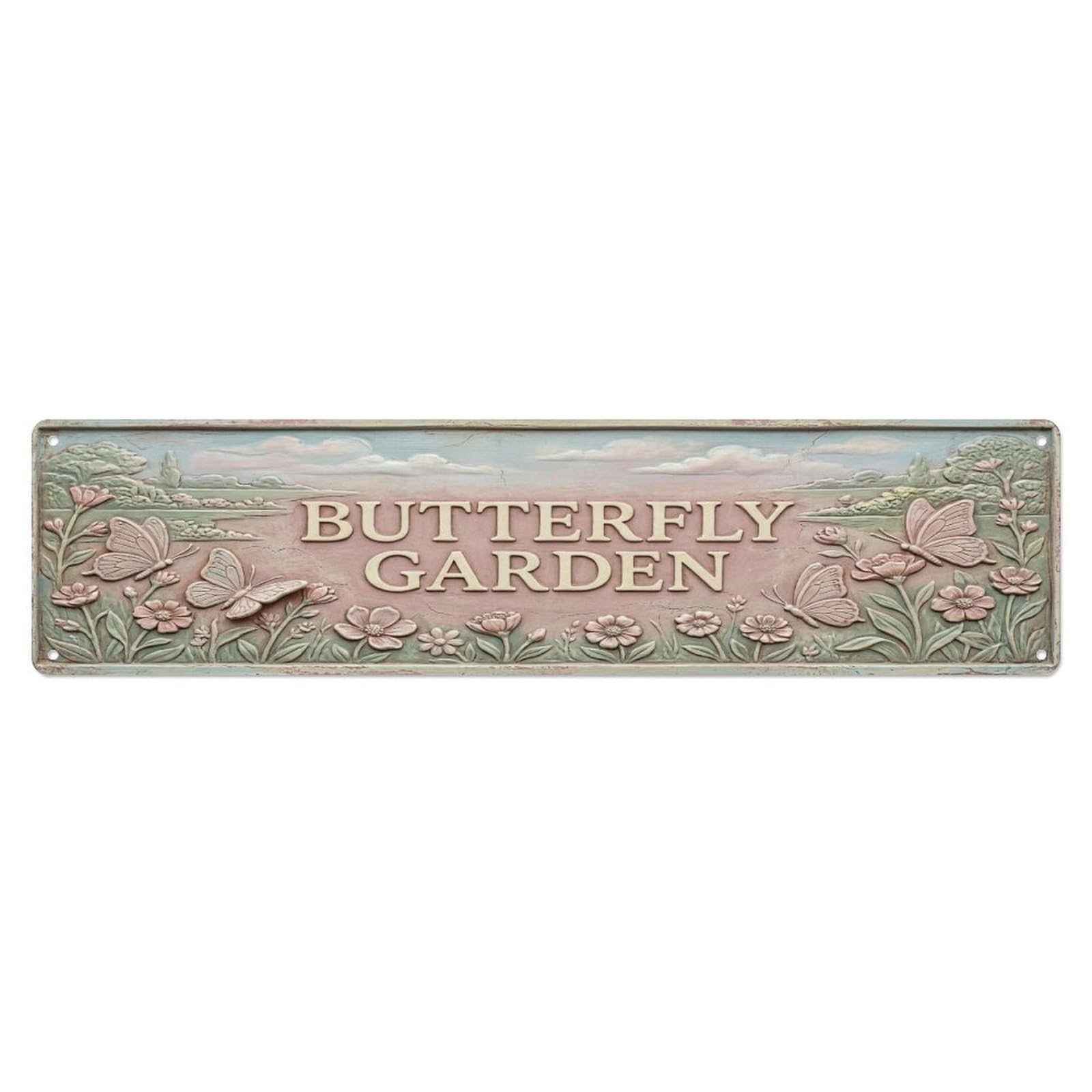 Olhnbad 4X16inch(10X40cm) Vintage Cottagecore Garden Butterfly Garden Relief Metal Tin Sign