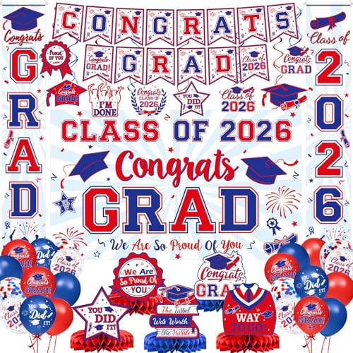 2026 Graduation Decorations - Red and Blue Graduation Decorations Set - Congrats Grad Banner & Backdrop Porch Sign Hanging Swirls Balloons Honeycomb Centerpieces for Congrats Grad Party Decorations