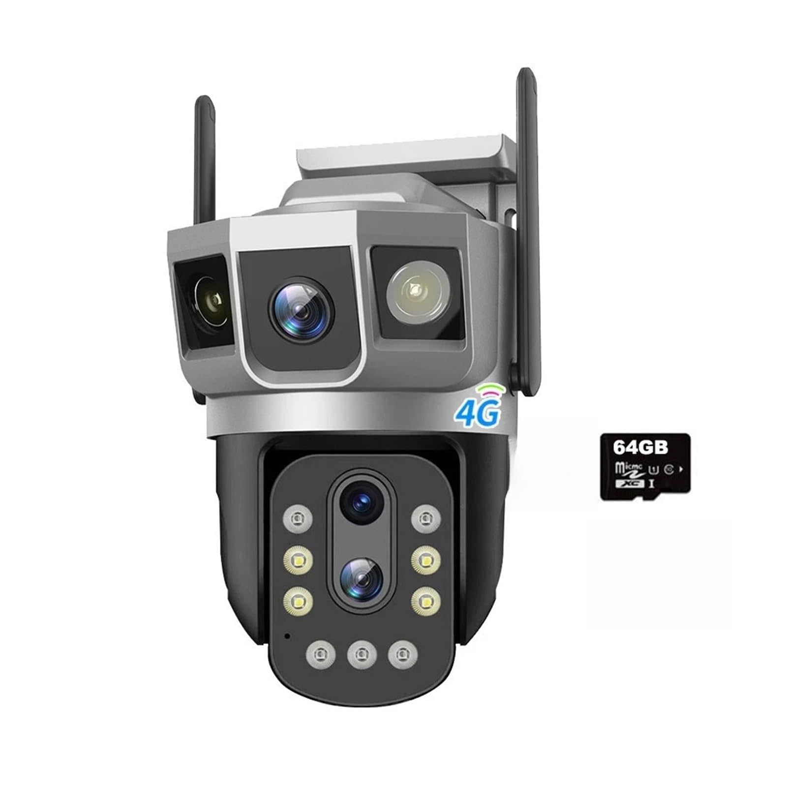 JVDDI IP Camera 4MP 6K Triple Screens Optical Zoom PTZ Motion Detect Color Night Vision Security Monitor(Camera 64GB Card)