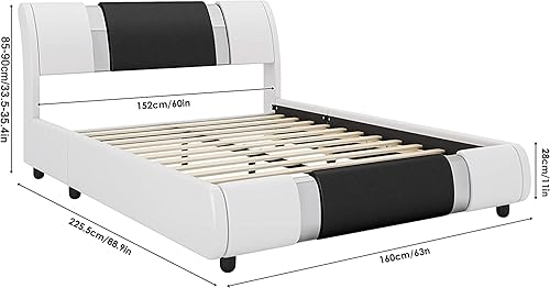 Miniatura 11 de Moderno armazón de cama tapizado de piel sintética con cabecera de decoración de metal, soporte de tablillas de madera, no necesita box spring,