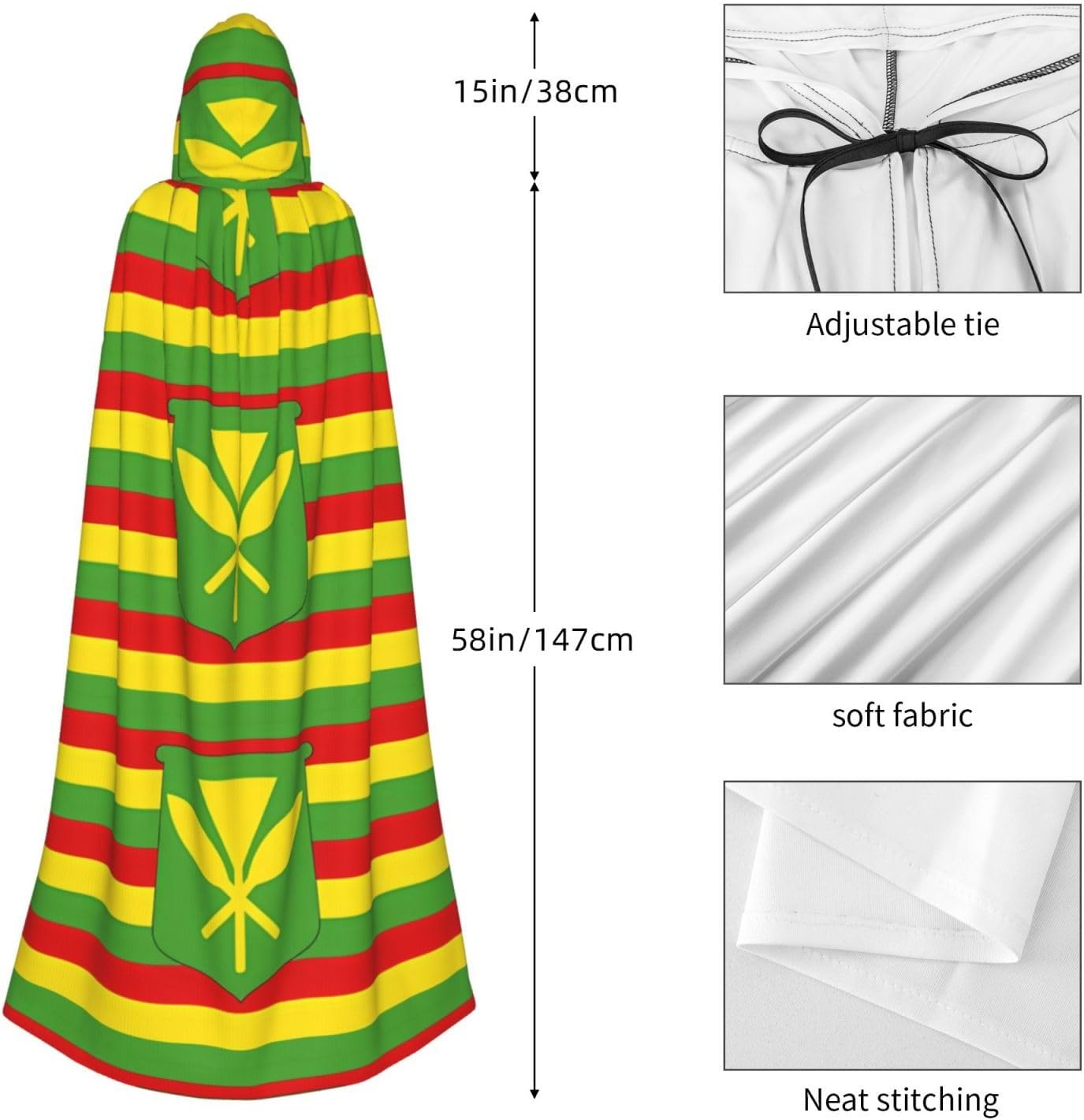 Native Hawaiian Flag Men Women Halloween Role Play Party Decoration Hooded Poncho Black