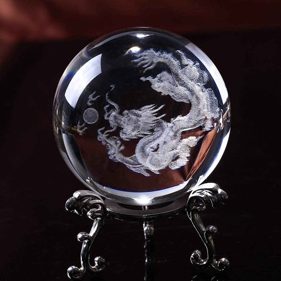 Azonee Crystal Ball Dragon, Decorative Balls, Crystal 2.4 inch (60mm) Chinese Dragon Crystal Ball with Sliver-Plated Flowering Stand, Fengshui Glass Loong Ball Home Decoration
