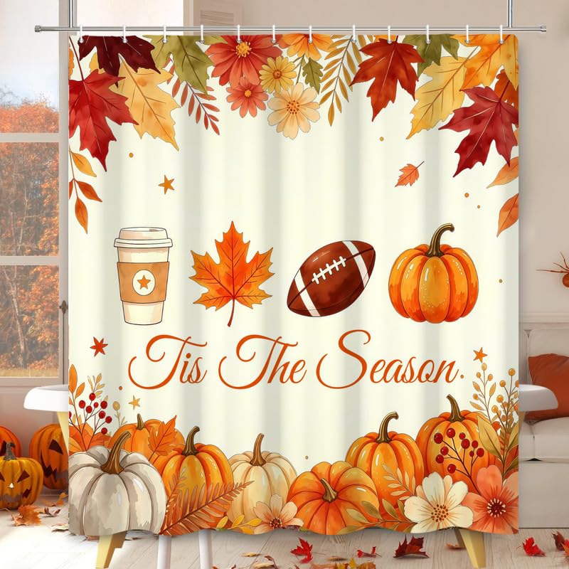 Rideau de douche automne Leowefowa courges football feuilles érable 72x72po